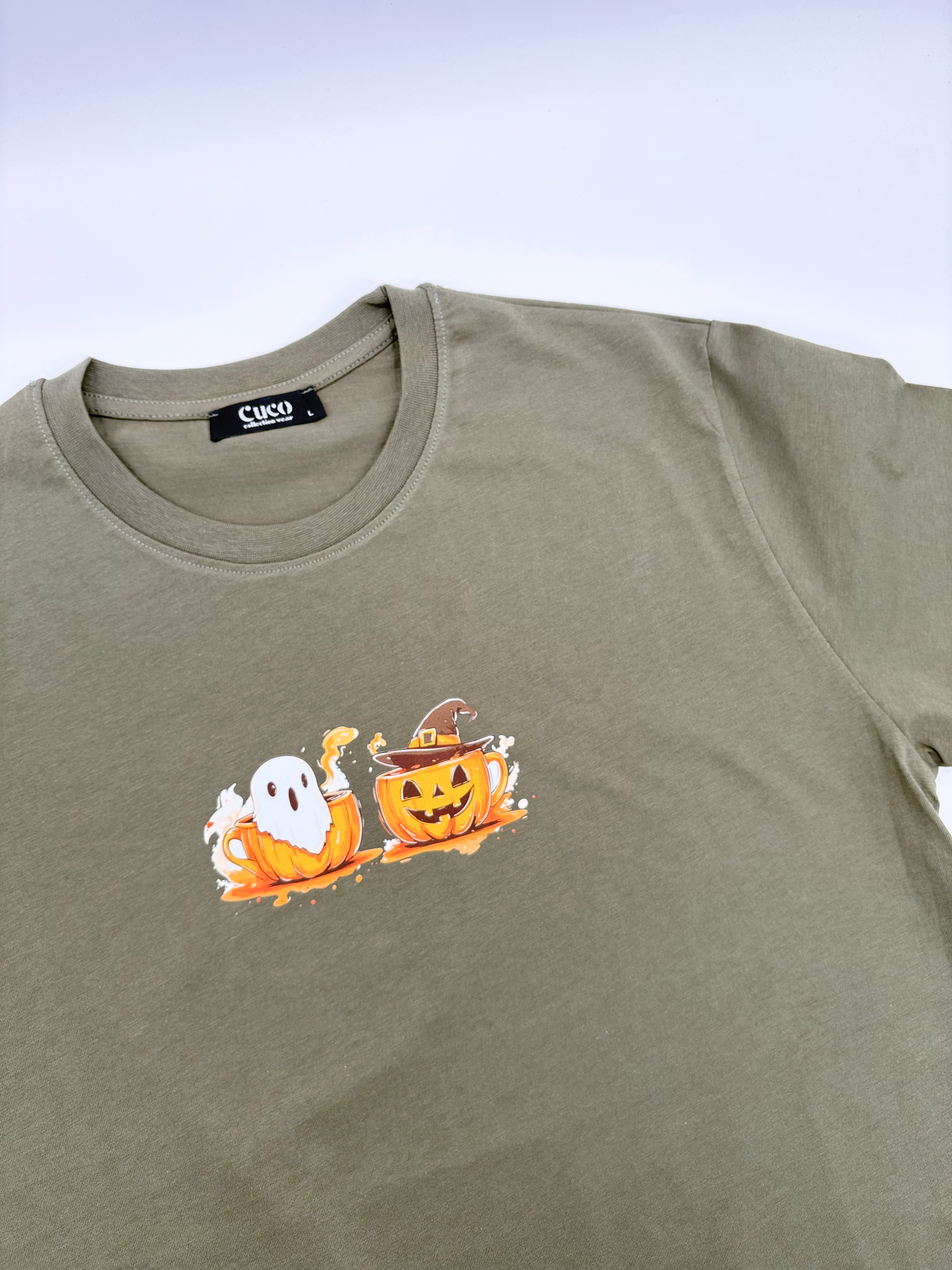 Khaki T-Shirt Spooky Ghost and Pumpkin