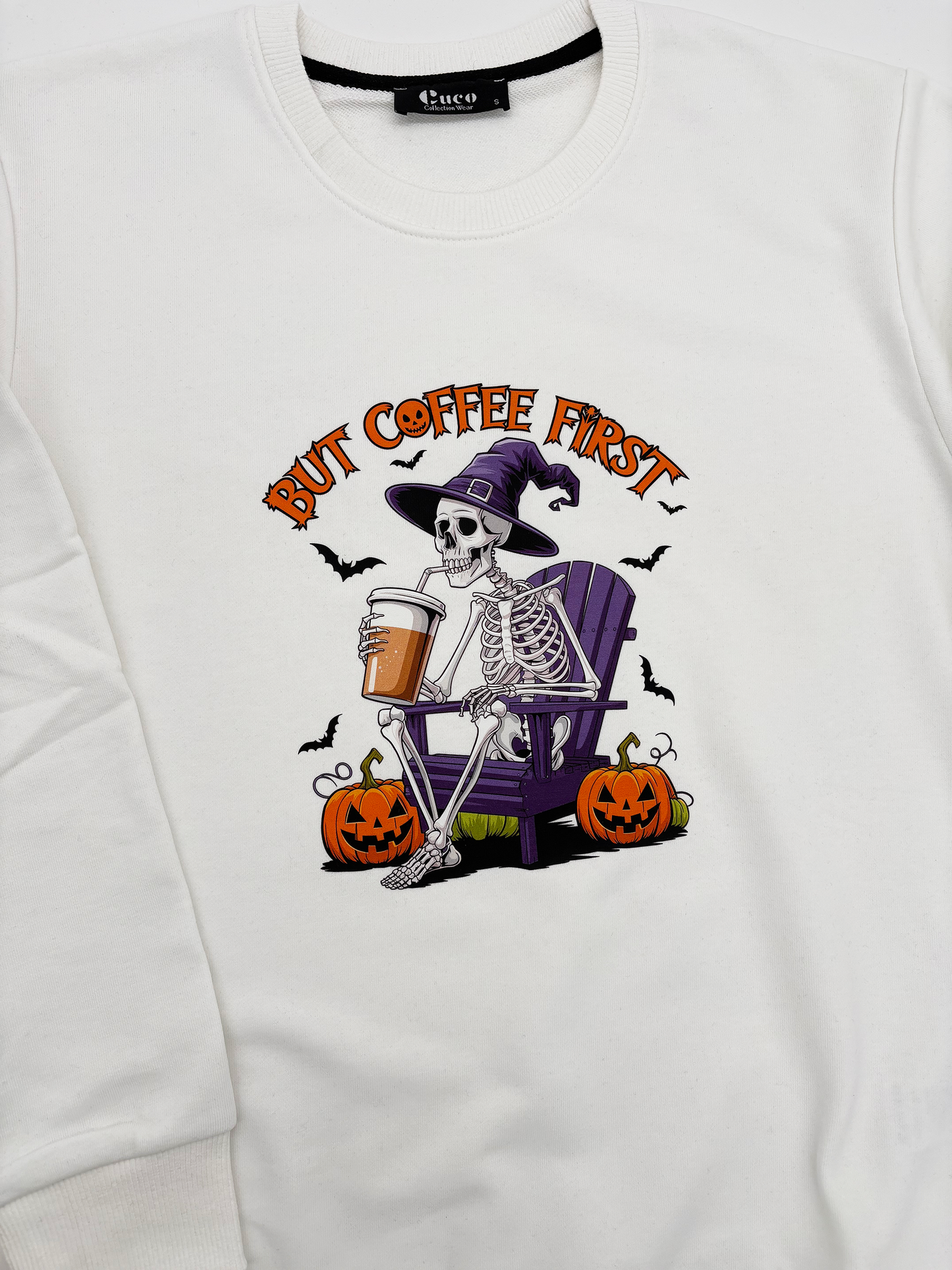 Kaffee zuerst Skelett Hexe Halloween Swearshirt